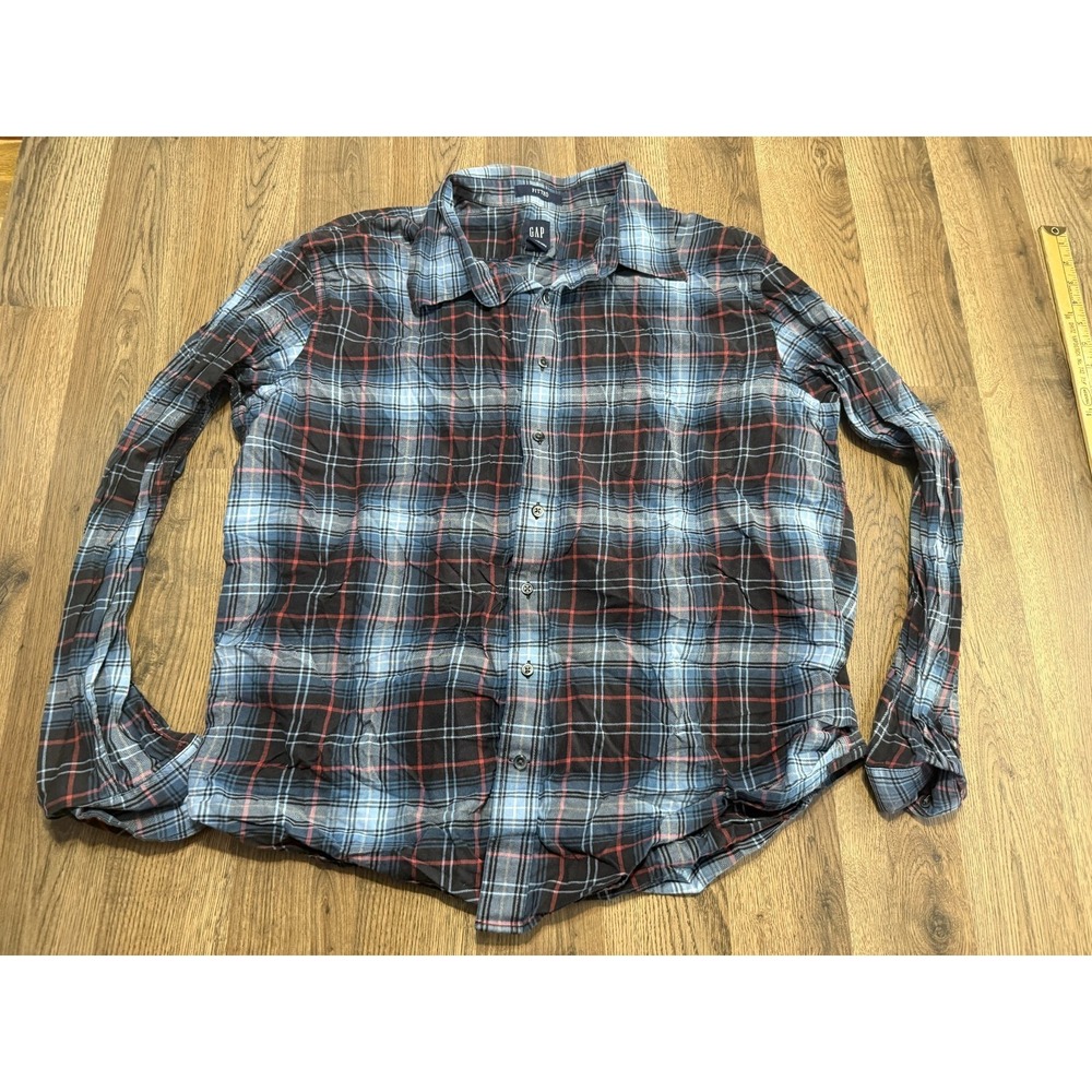GAP Shirt Men's Size XXL Blue White Red Plaid Fitted Long Sleeve Button Up Shirt